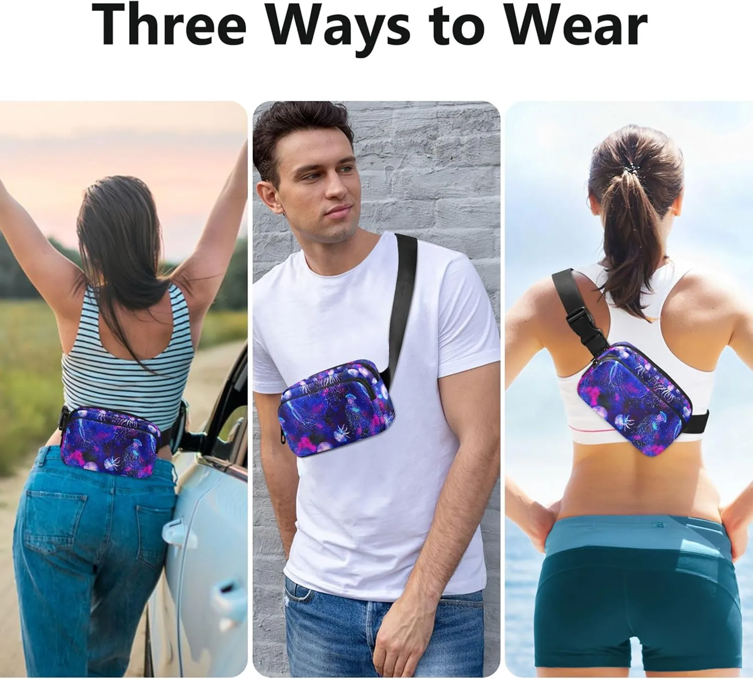 Jellyfishes Space Colorful Blue Waterproof Fanny Packs for Women Hip Bag Belt Pouch Colorful Travel Waist Pouch