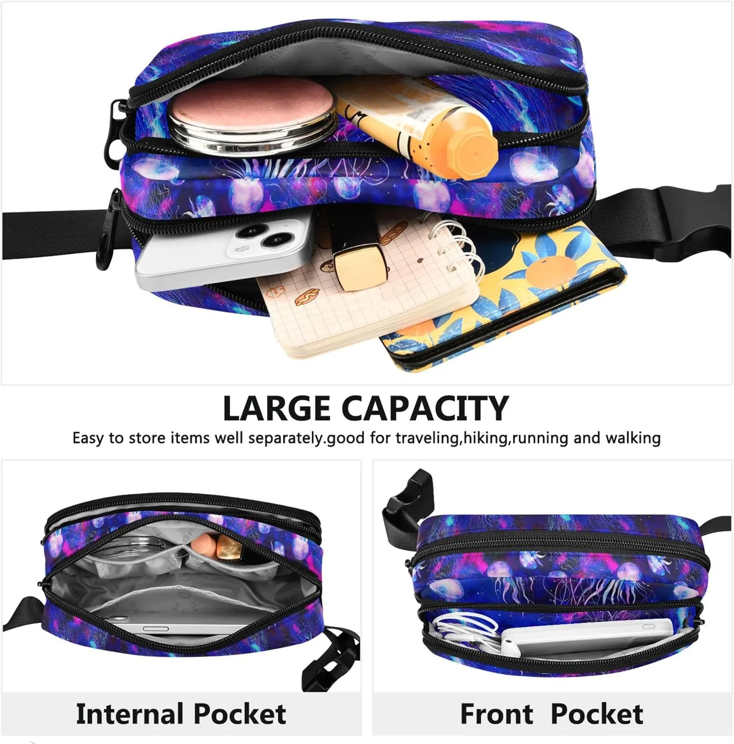 Jellyfishes Space Colorful Blue Waterproof Fanny Packs for Women Hip Bag Belt Pouch Colorful Travel Waist Pouch