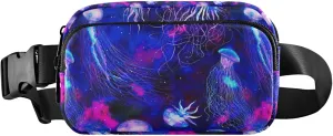 Jellyfishes Space Colorful Blue Waterproof Fanny Packs for Women Hip Bag Belt Pouch Colorful Travel Waist Pouch
