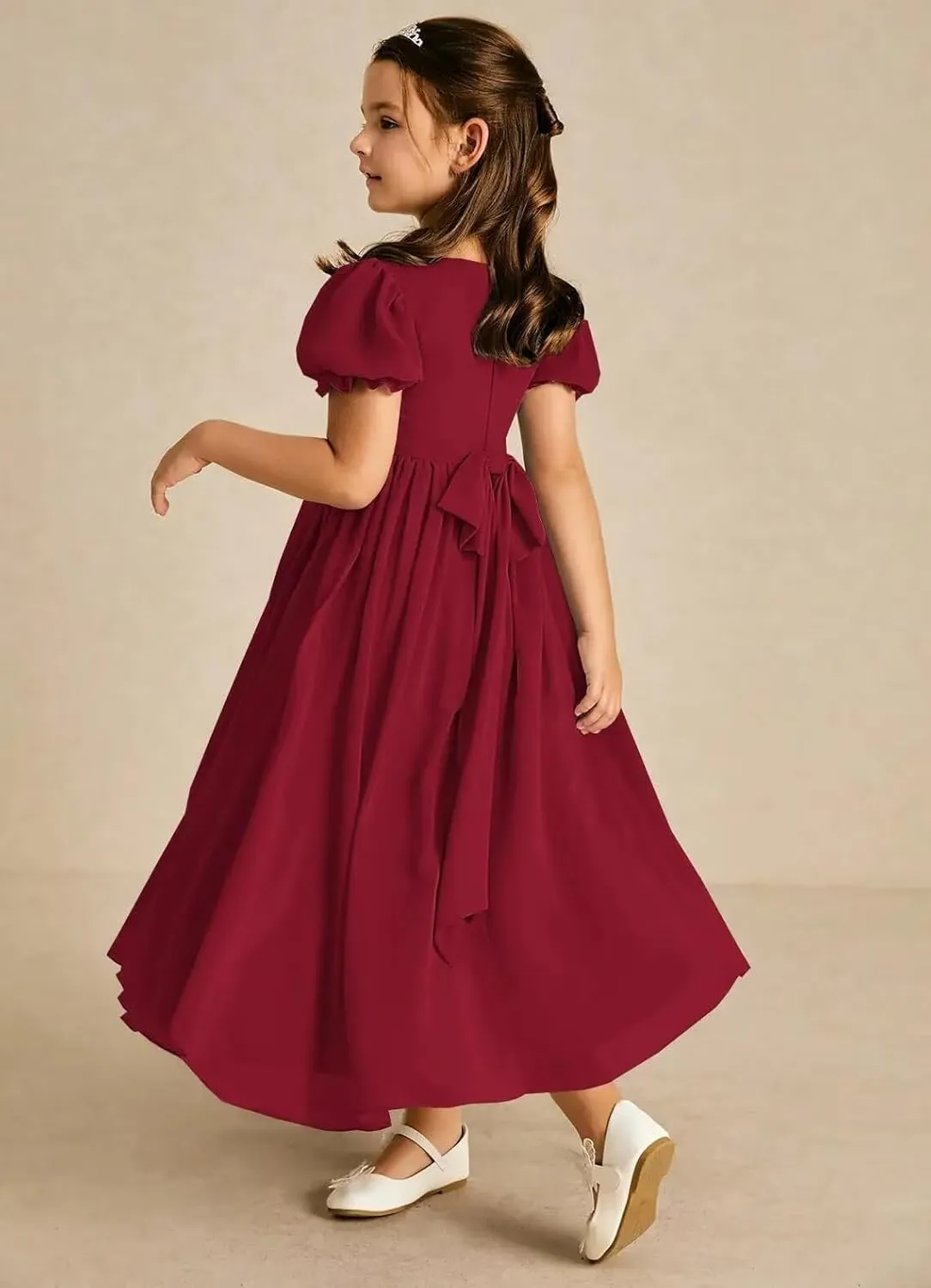 JISISANG Dresses for Girls Long Chiffon Flower Girl Dress Bridesmaid for Wedding with Sleeve Fromal Kid Dress for Teens