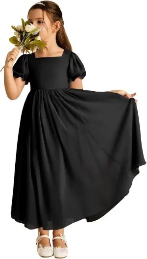 JISISANG Dresses for Girls Long Chiffon Flower Girl Dress Bridesmaid for Wedding with Sleeve Fromal Kid Dress for Teens