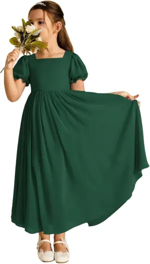 JISISANG Dresses for Girls Long Chiffon Flower Girl Dress Bridesmaid for Wedding with Sleeve Fromal Kid Dress for Teens