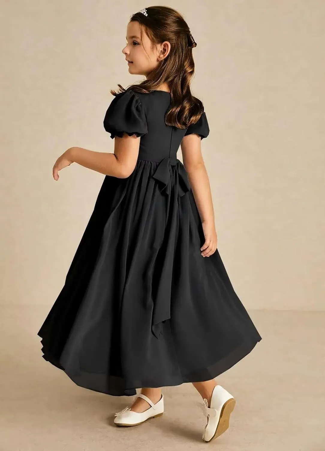 JISISANG Dresses for Girls Long Chiffon Flower Girl Dress Bridesmaid for Wedding with Sleeve Fromal Kid Dress for Teens