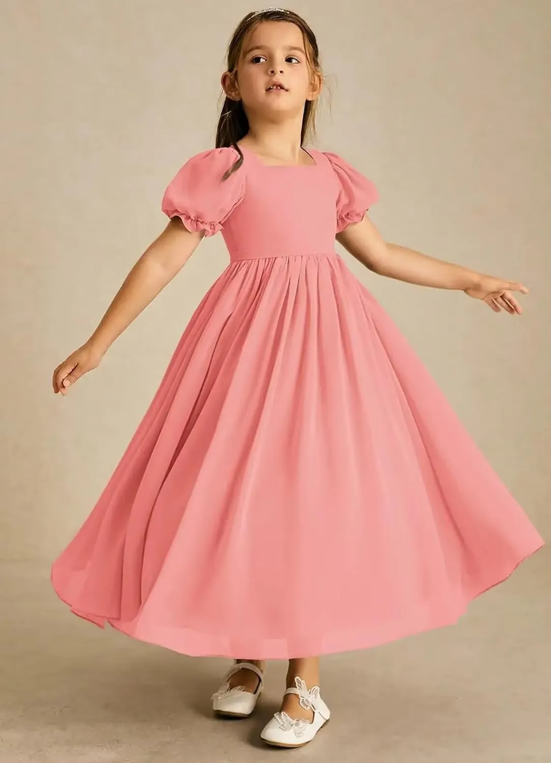 JISISANG Dresses for Girls Long Chiffon Flower Girl Dress Bridesmaid for Wedding with Sleeve Fromal Kid Dress for Teens
