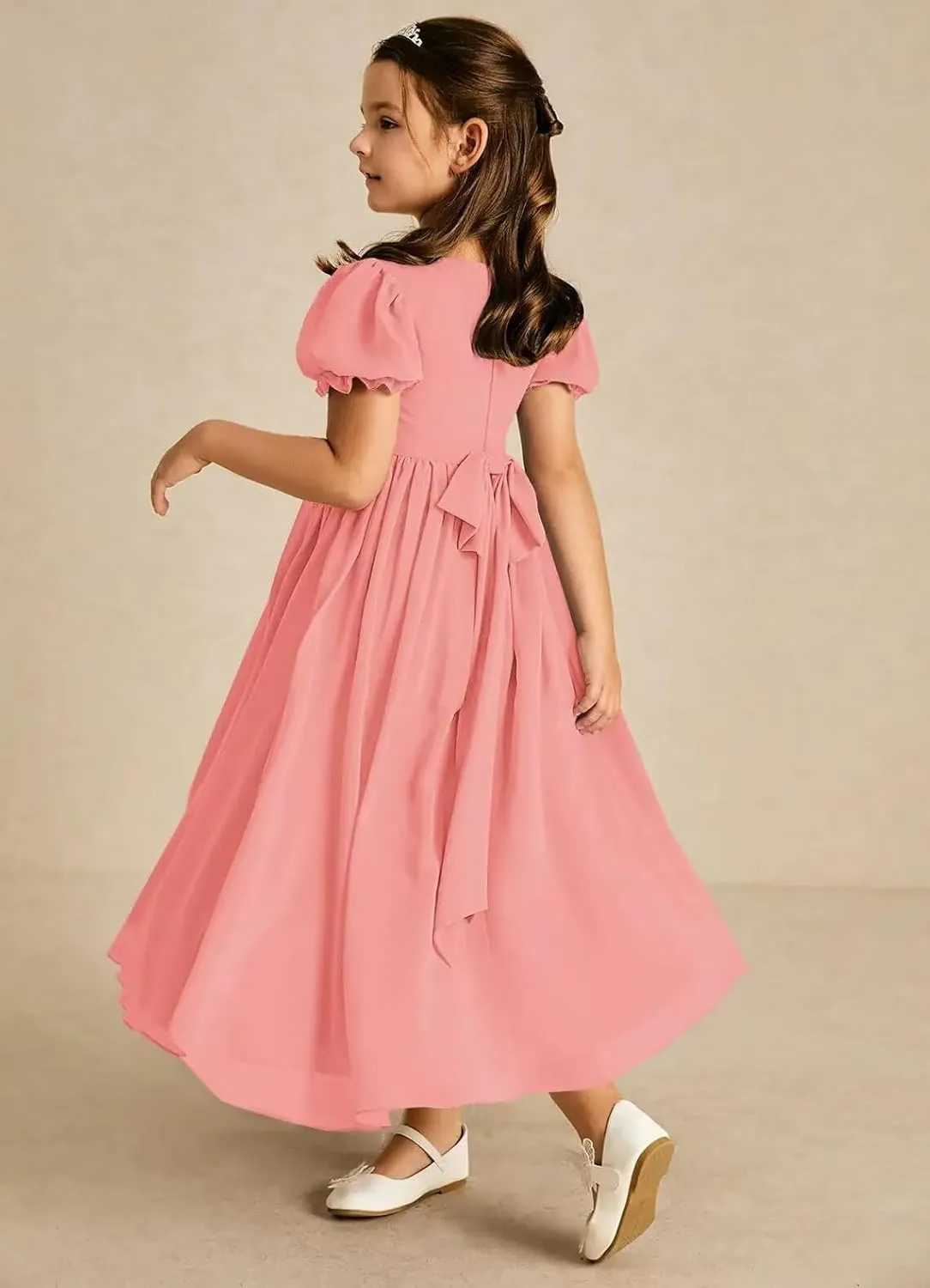 JISISANG Dresses for Girls Long Chiffon Flower Girl Dress Bridesmaid for Wedding with Sleeve Fromal Kid Dress for Teens