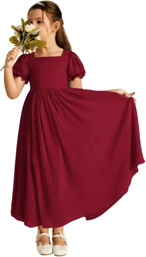 JISISANG Dresses for Girls Long Chiffon Flower Girl Dress Bridesmaid for Wedding with Sleeve Fromal Kid Dress for Teens
