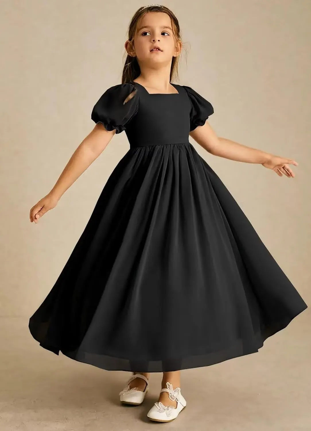 JISISANG Dresses for Girls Long Chiffon Flower Girl Dress Bridesmaid for Wedding with Sleeve Fromal Kid Dress for Teens