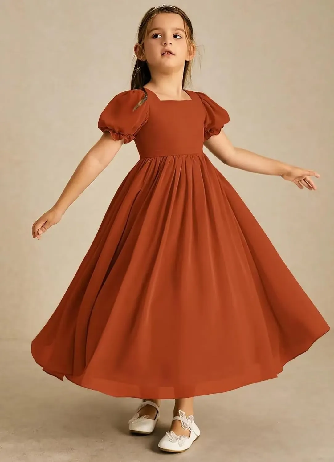 JISISANG Dresses for Girls Long Chiffon Flower Girl Dress Bridesmaid for Wedding with Sleeve Fromal Kid Dress for Teens