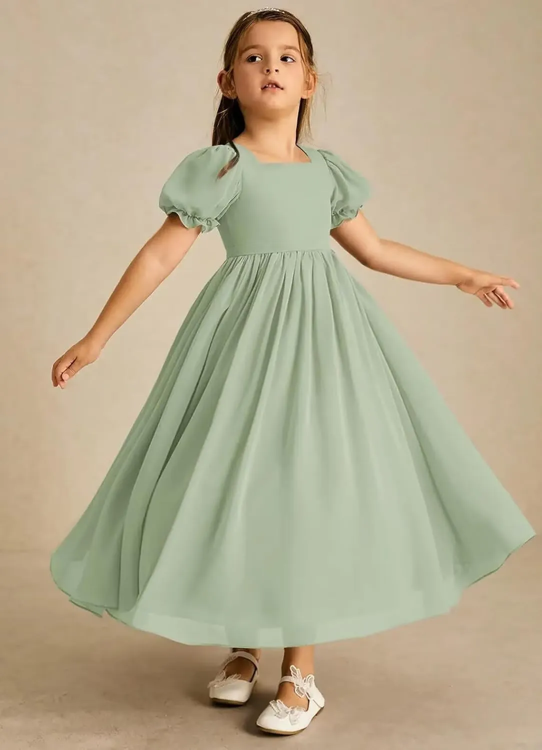 JISISANG Dresses for Girls Long Chiffon Flower Girl Dress Bridesmaid for Wedding with Sleeve Fromal Kid Dress for Teens