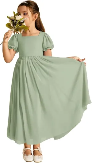 JISISANG Dresses for Girls Long Chiffon Flower Girl Dress Bridesmaid for Wedding with Sleeve Fromal Kid Dress for Teens