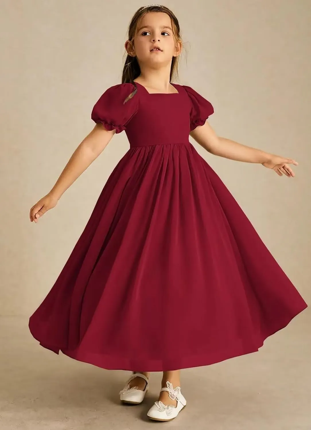 JISISANG Dresses for Girls Long Chiffon Flower Girl Dress Bridesmaid for Wedding with Sleeve Fromal Kid Dress for Teens