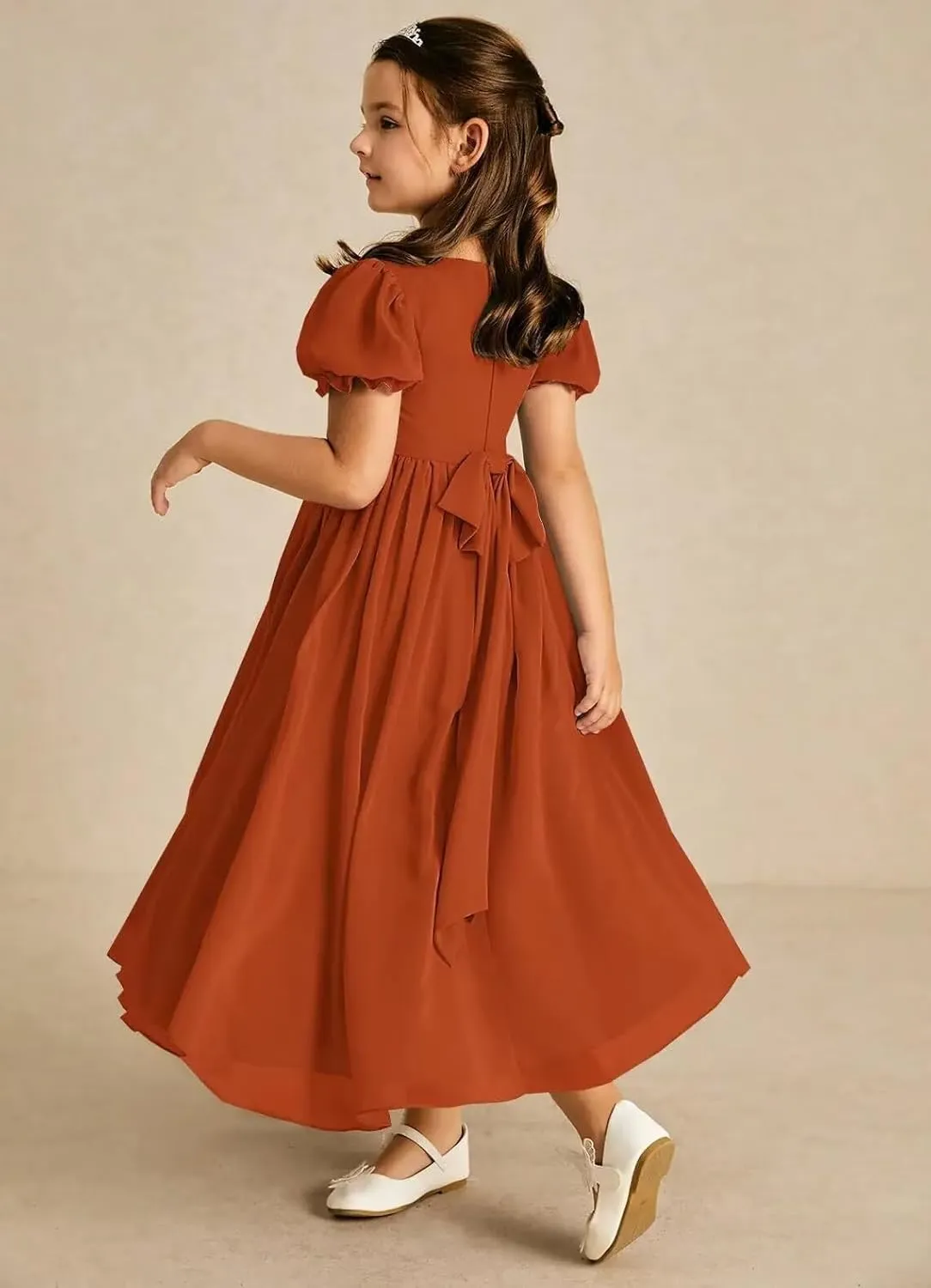 JISISANG Dresses for Girls Long Chiffon Flower Girl Dress Bridesmaid for Wedding with Sleeve Fromal Kid Dress for Teens