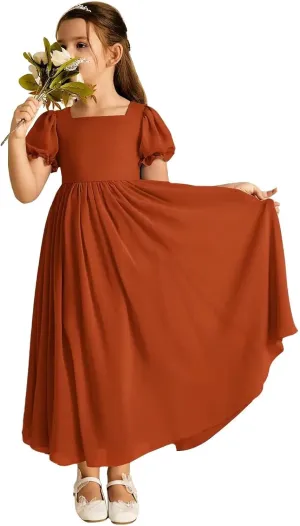 JISISANG Dresses for Girls Long Chiffon Flower Girl Dress Bridesmaid for Wedding with Sleeve Fromal Kid Dress for Teens