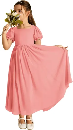 JISISANG Dresses for Girls Long Chiffon Flower Girl Dress Bridesmaid for Wedding with Sleeve Fromal Kid Dress for Teens