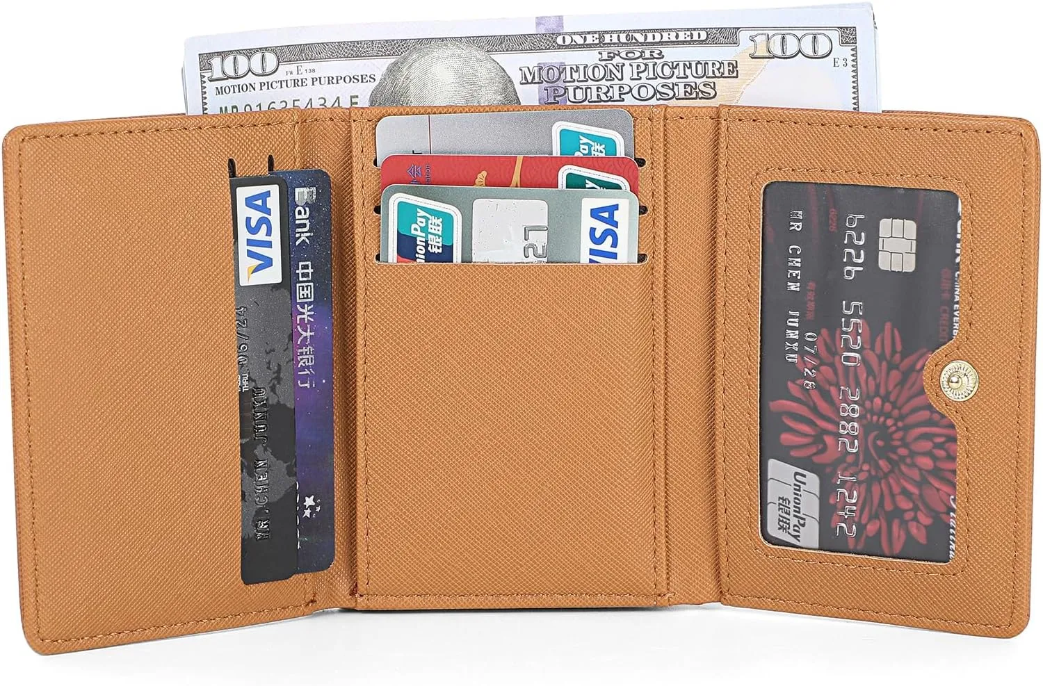 JIUFENG Women's RFID Blocking Short Wallet Multi Purpose Zipper Folded Purses Coins Pouches Multi-card Position Card Organizer (Brown)