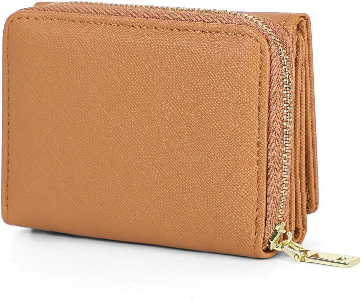 JIUFENG Women's RFID Blocking Short Wallet Multi Purpose Zipper Folded Purses Coins Pouches Multi-card Position Card Organizer (Brown)