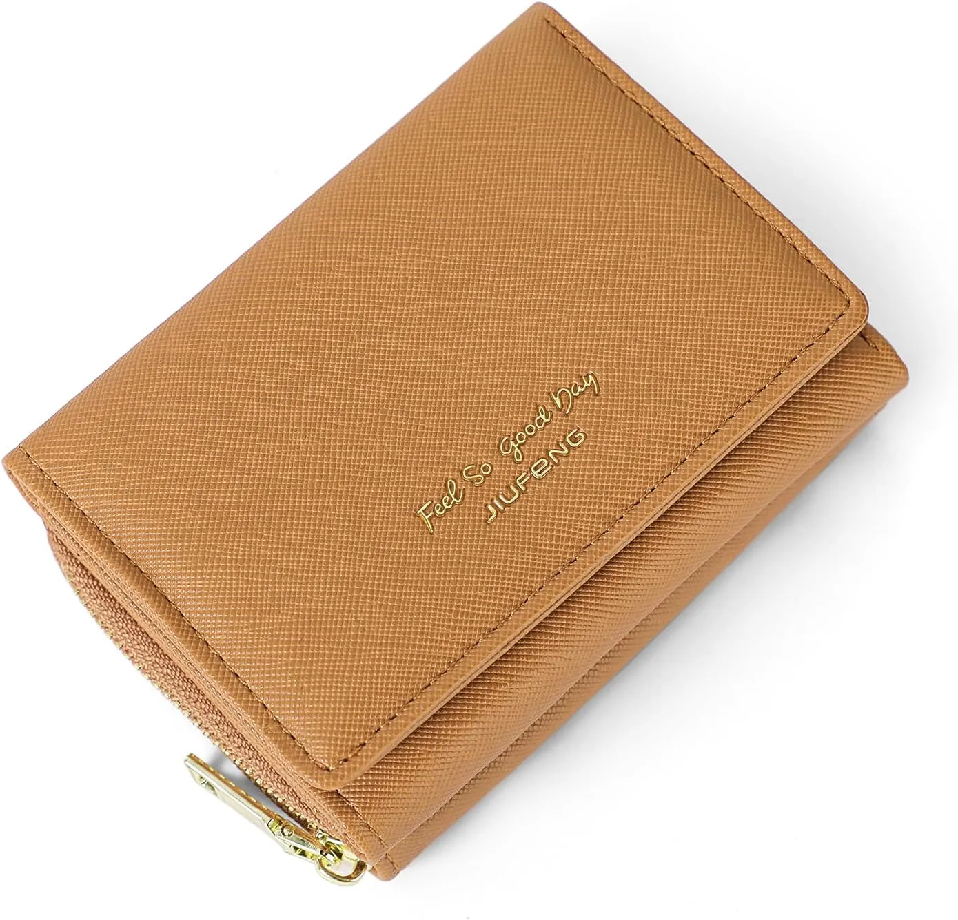 JIUFENG Women's RFID Blocking Short Wallet Multi Purpose Zipper Folded Purses Coins Pouches Multi-card Position Card Organizer (Brown)