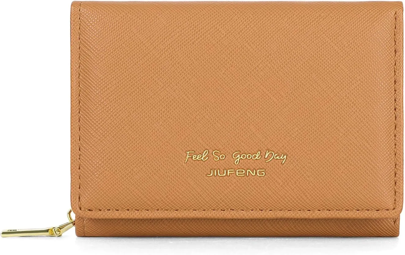 JIUFENG Women's RFID Blocking Short Wallet Multi Purpose Zipper Folded Purses Coins Pouches Multi-card Position Card Organizer (Brown)