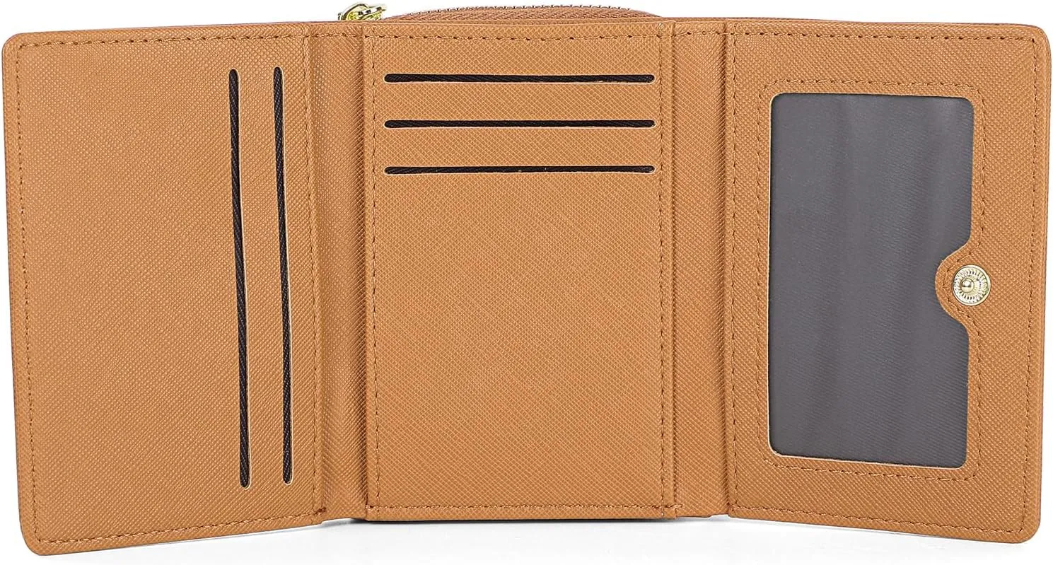 JIUFENG Women's RFID Blocking Short Wallet Multi Purpose Zipper Folded Purses Coins Pouches Multi-card Position Card Organizer (Brown)