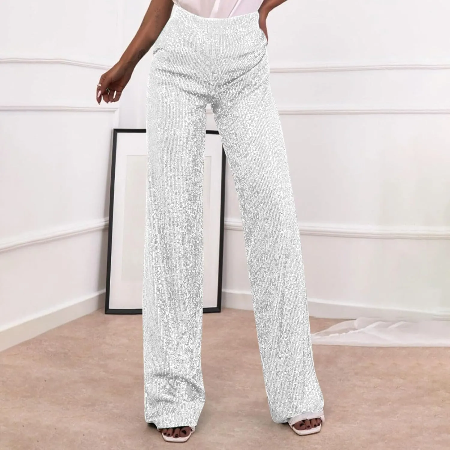 JOAU Women's 2024 Fashion High Waist Wide Leg Sparkle Sequin Bling Glitter Pants Casual Loose Shiny Pants Palazzo Trousers