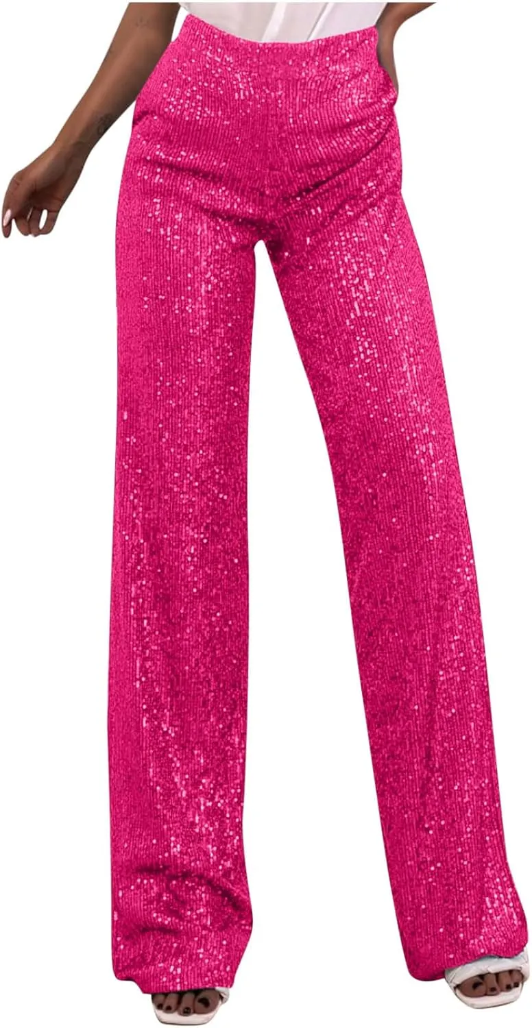 JOAU Women's 2024 Fashion High Waist Wide Leg Sparkle Sequin Bling Glitter Pants Casual Loose Shiny Pants Palazzo Trousers