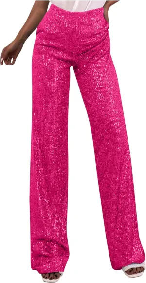 JOAU Women's 2024 Fashion High Waist Wide Leg Sparkle Sequin Bling Glitter Pants Casual Loose Shiny Pants Palazzo Trousers
