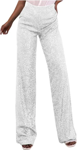 JOAU Women's 2024 Fashion High Waist Wide Leg Sparkle Sequin Bling Glitter Pants Casual Loose Shiny Pants Palazzo Trousers