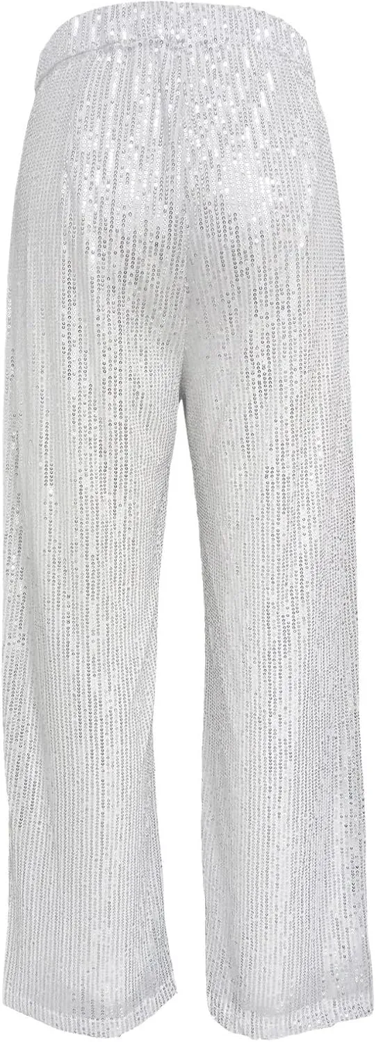 JOAU Women's 2024 Fashion High Waist Wide Leg Sparkle Sequin Bling Glitter Pants Casual Loose Shiny Pants Palazzo Trousers
