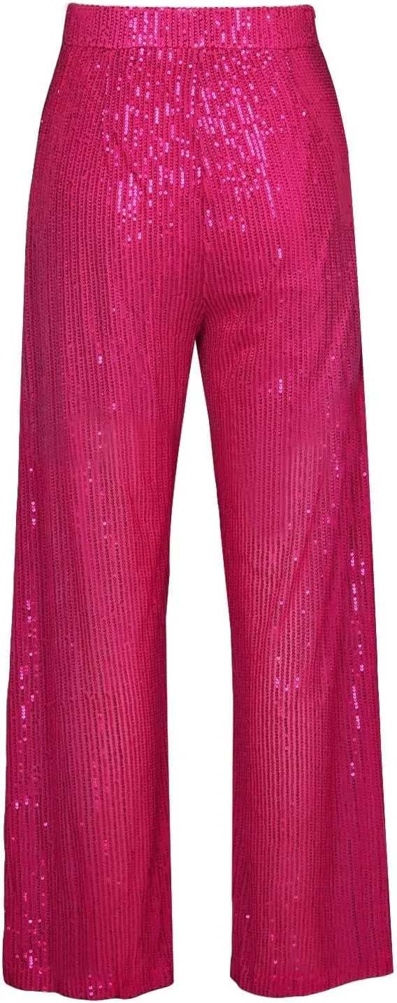 JOAU Women's 2024 Fashion High Waist Wide Leg Sparkle Sequin Bling Glitter Pants Casual Loose Shiny Pants Palazzo Trousers