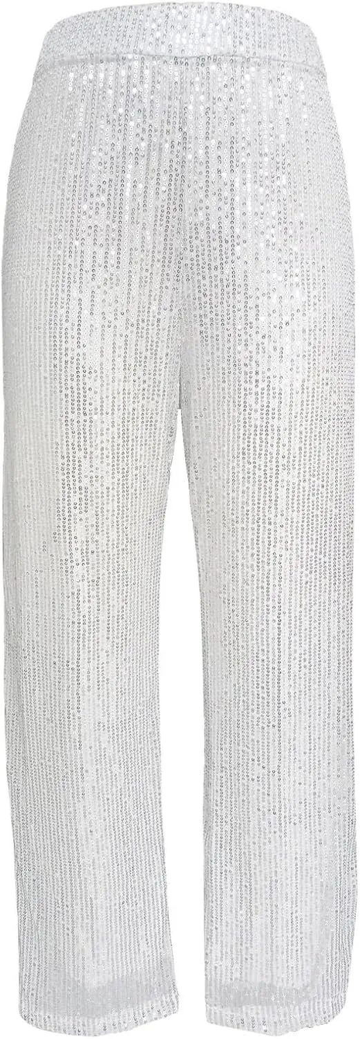 JOAU Women's 2024 Fashion High Waist Wide Leg Sparkle Sequin Bling Glitter Pants Casual Loose Shiny Pants Palazzo Trousers