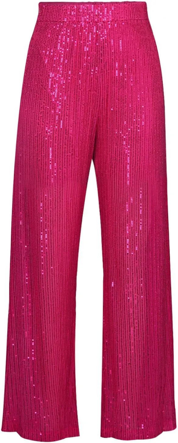 JOAU Women's 2024 Fashion High Waist Wide Leg Sparkle Sequin Bling Glitter Pants Casual Loose Shiny Pants Palazzo Trousers