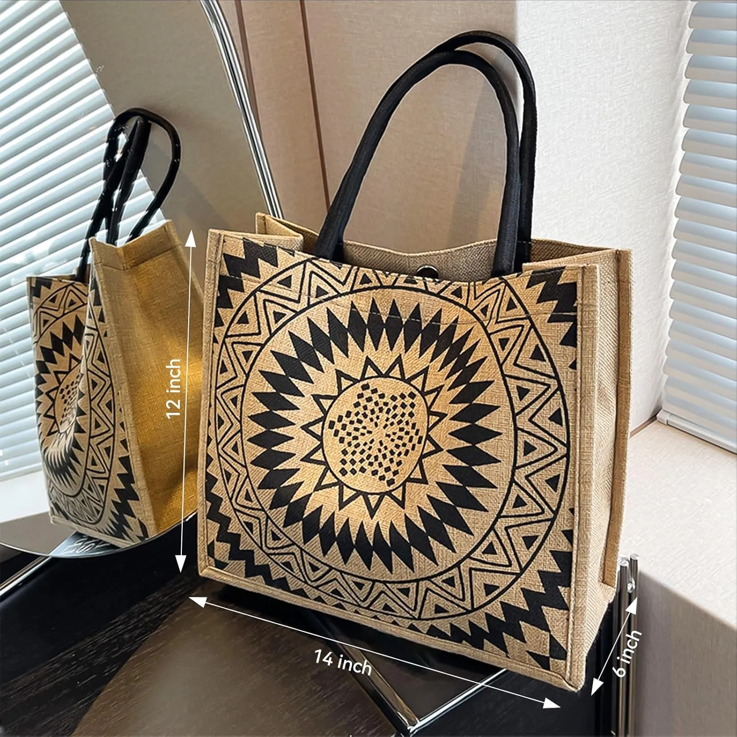 Jute Tote Bags for Women,14''x12'' Large Burlap Tote Bag with Laminated Interior and Soft Handles for Shopping Traveling