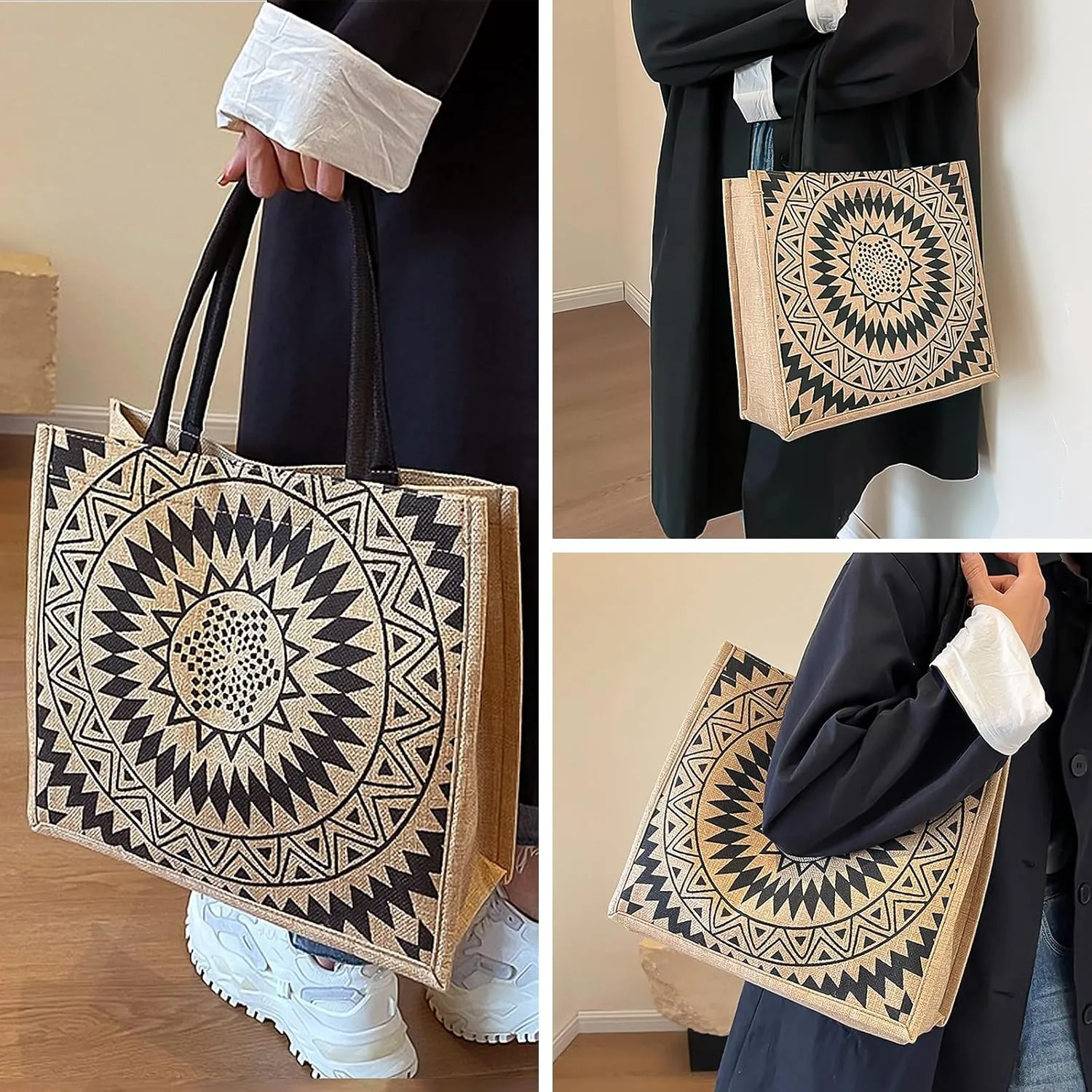 Jute Tote Bags for Women,14''x12'' Large Burlap Tote Bag with Laminated Interior and Soft Handles for Shopping Traveling