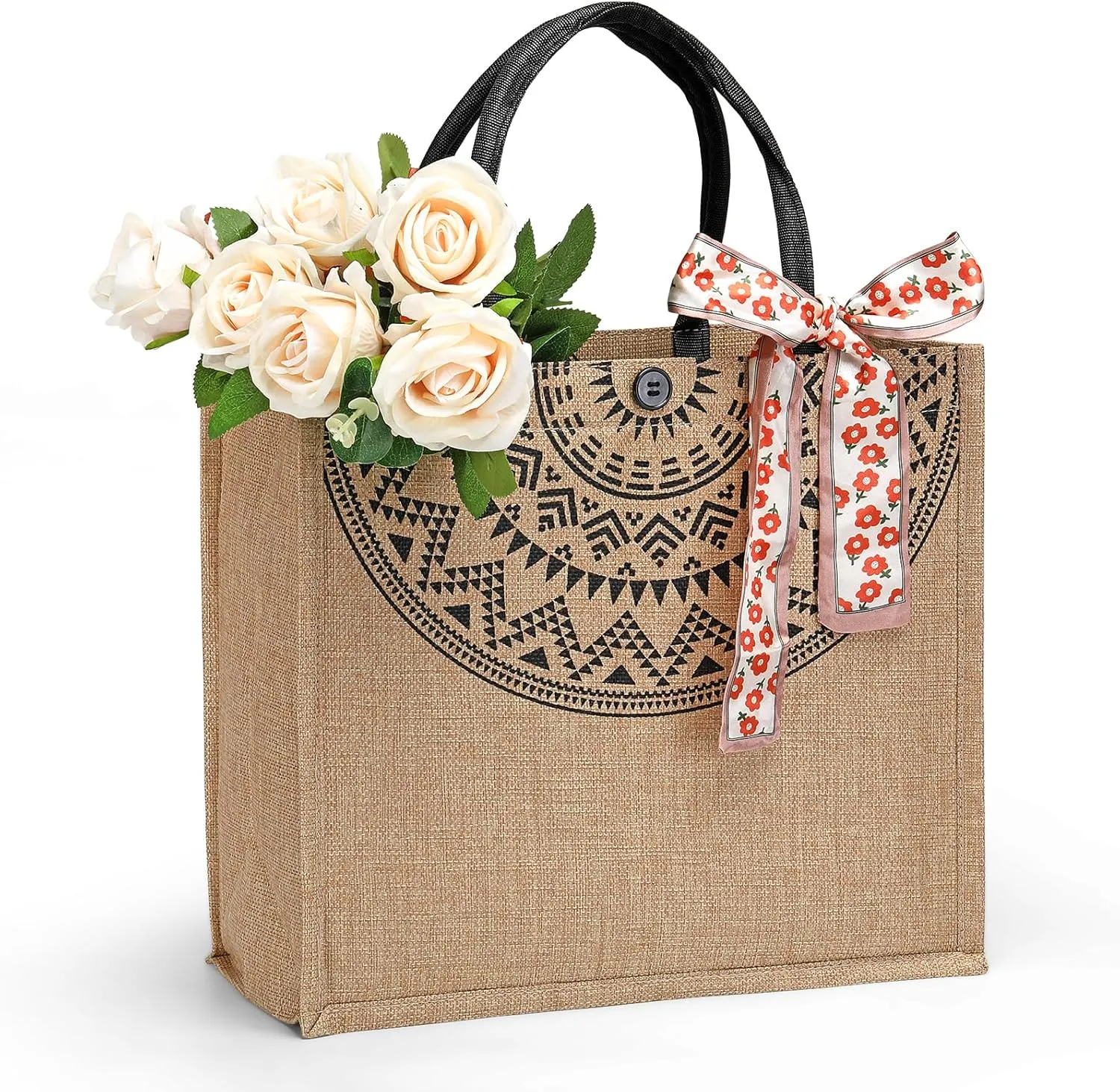 Jute Tote Bags for Women,14''x12'' Large Burlap Tote Bag with Laminated Interior and Soft Handles for Shopping Traveling