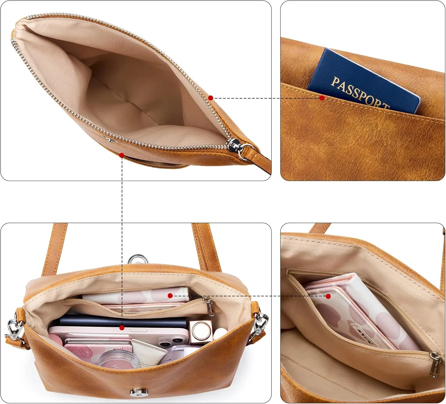 KALIDI Vintage Vegan Leather Crossbody Bag PU Shoulder Bag Handbag Multiple Pockets Adjustable Removable Strap Women