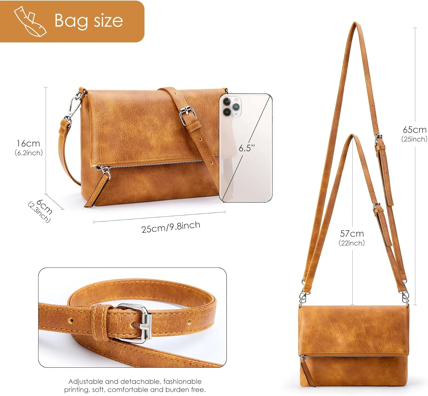 KALIDI Vintage Vegan Leather Crossbody Bag PU Shoulder Bag Handbag Multiple Pockets Adjustable Removable Strap Women