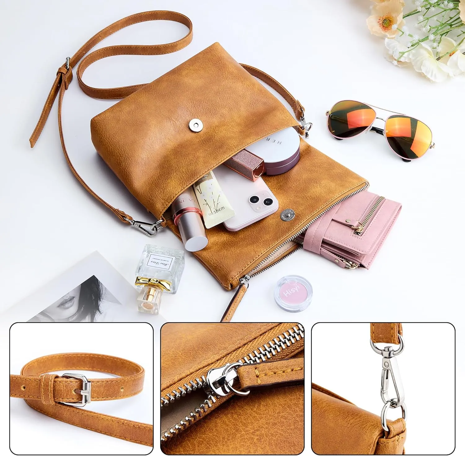 KALIDI Vintage Vegan Leather Crossbody Bag PU Shoulder Bag Handbag Multiple Pockets Adjustable Removable Strap Women