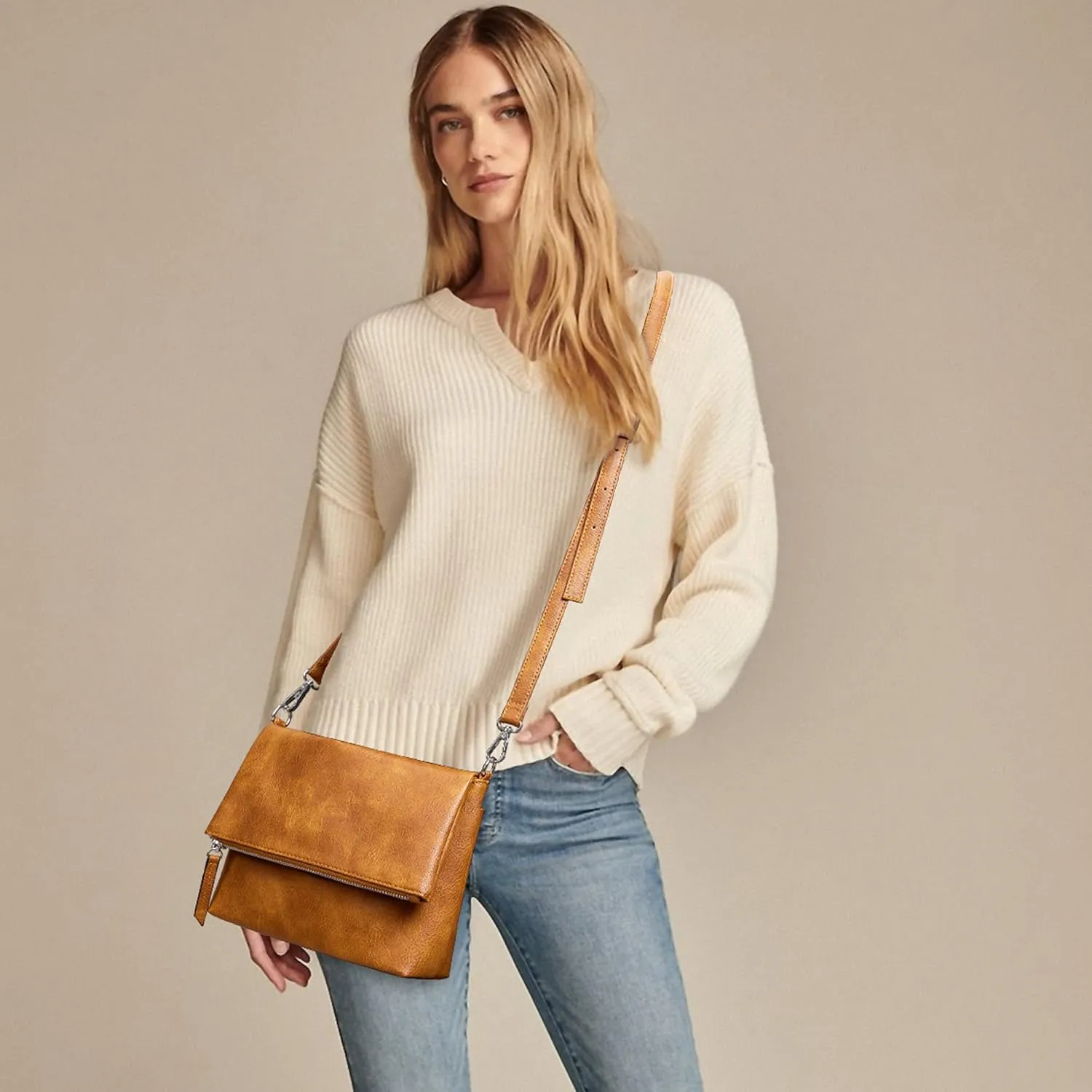 KALIDI Vintage Vegan Leather Crossbody Bag PU Shoulder Bag Handbag Multiple Pockets Adjustable Removable Strap Women
