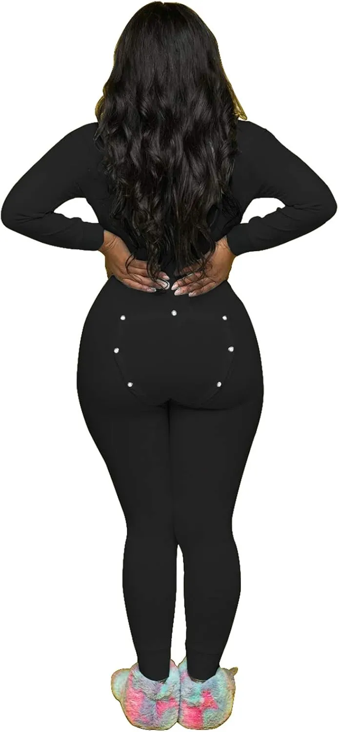 KMBANGI Women's Sexy Deep V Neck Butt Flap Pajamas One Piece Bodycon Rompers Jumpsuit with Drop Seat Plus Size