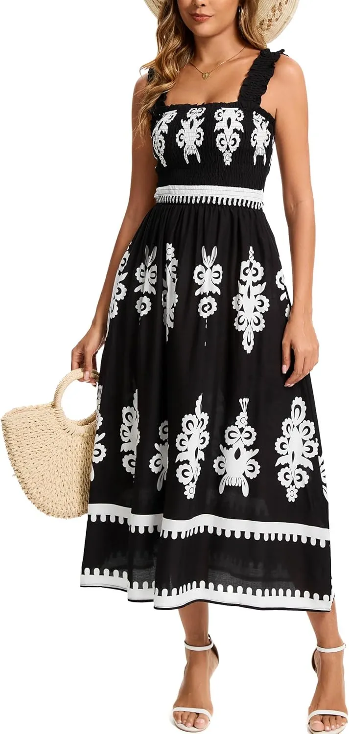 Kormei Women's Casual Smocked Tank Dress Sleeveless High Low Flowy Summer Beach Tiered Loose Maxi Long Dresses