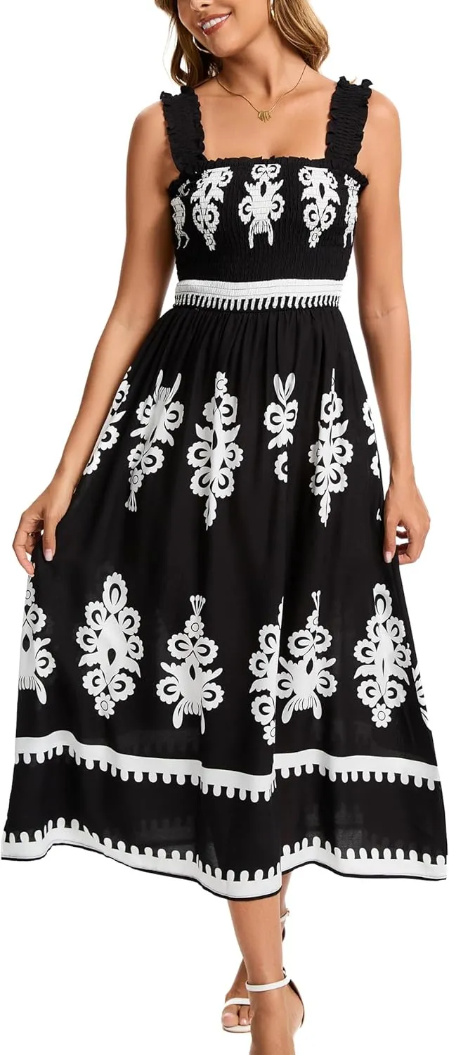 Kormei Women's Casual Smocked Tank Dress Sleeveless High Low Flowy Summer Beach Tiered Loose Maxi Long Dresses