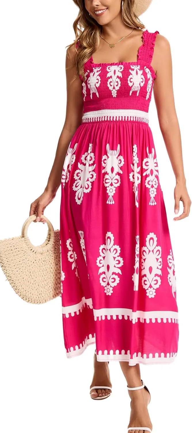 Kormei Women's Casual Smocked Tank Dress Sleeveless High Low Flowy Summer Beach Tiered Loose Maxi Long Dresses