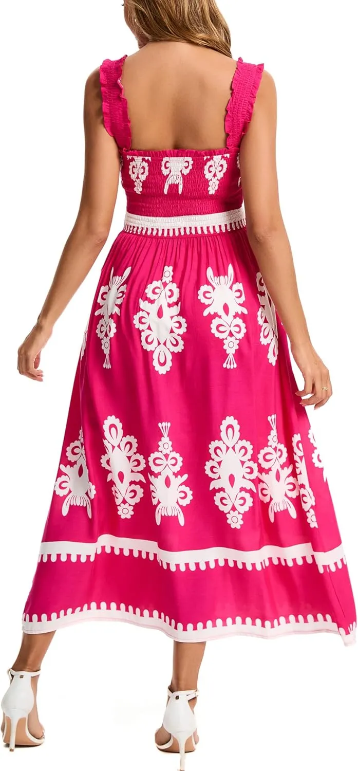 Kormei Women's Casual Smocked Tank Dress Sleeveless High Low Flowy Summer Beach Tiered Loose Maxi Long Dresses