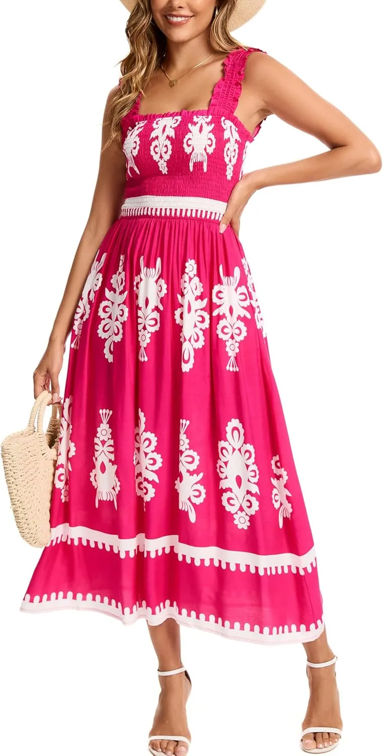 Kormei Women's Casual Smocked Tank Dress Sleeveless High Low Flowy Summer Beach Tiered Loose Maxi Long Dresses