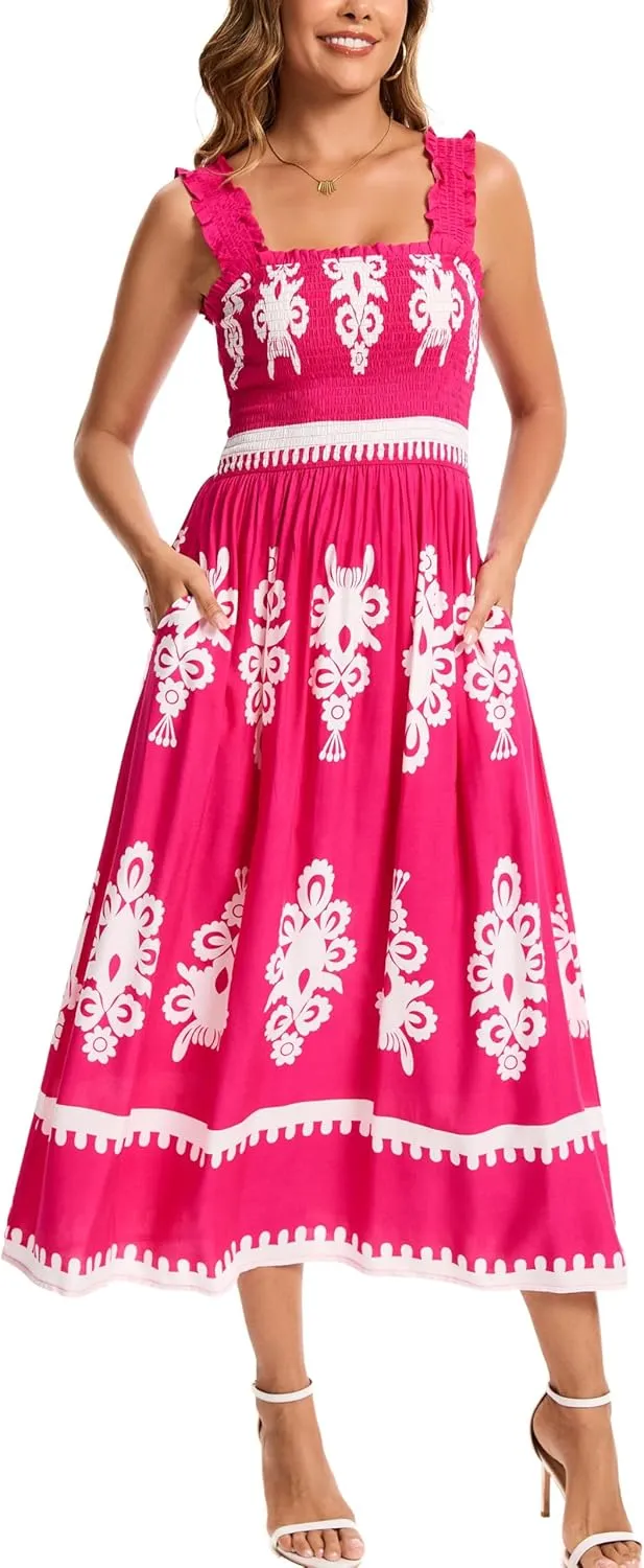 Kormei Women's Casual Smocked Tank Dress Sleeveless High Low Flowy Summer Beach Tiered Loose Maxi Long Dresses