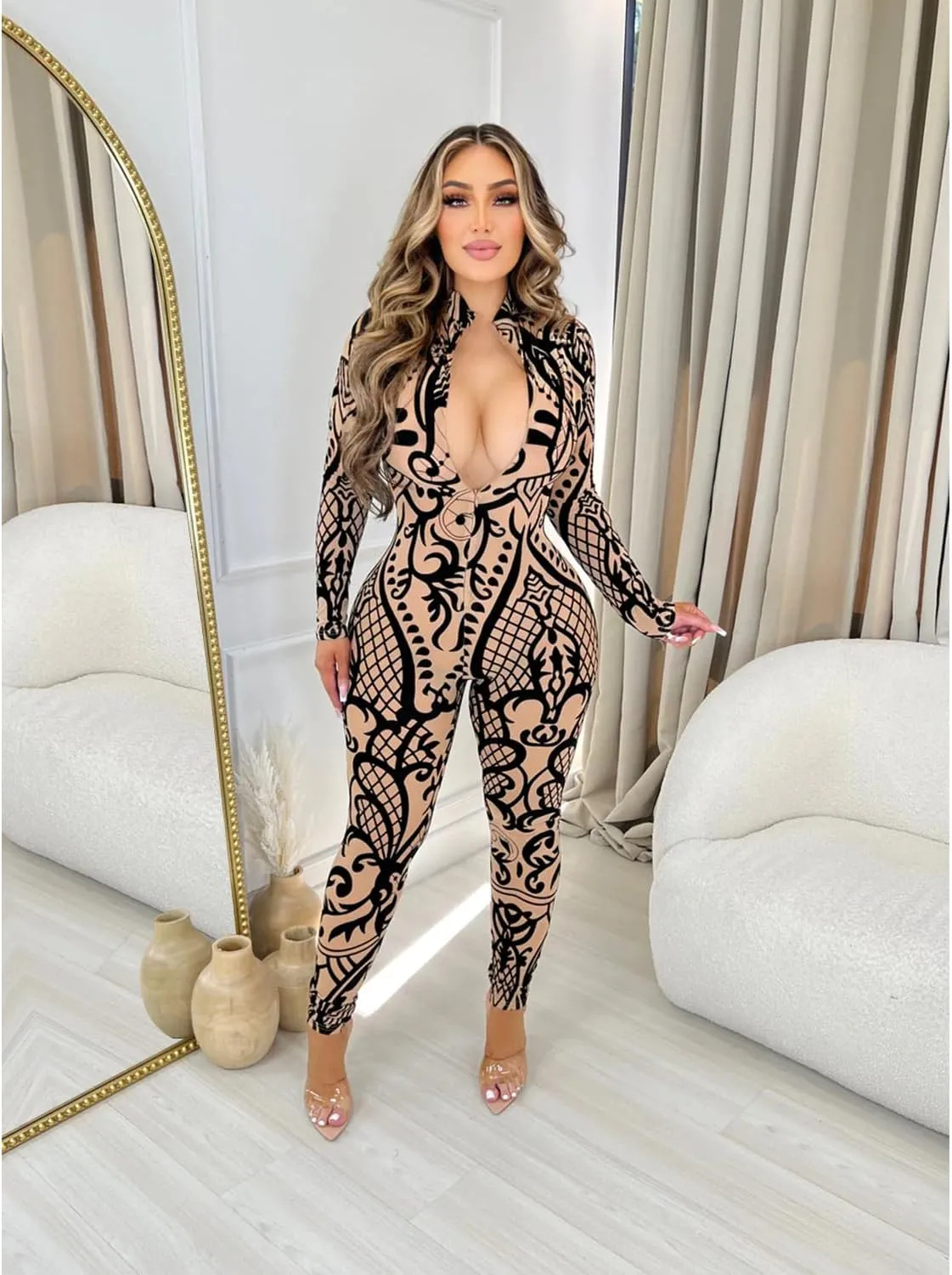 ksotutm Long Sleeve Jumpsuits for Women Fall Printed Bodysuit Sexy Deep V Neck Rompers