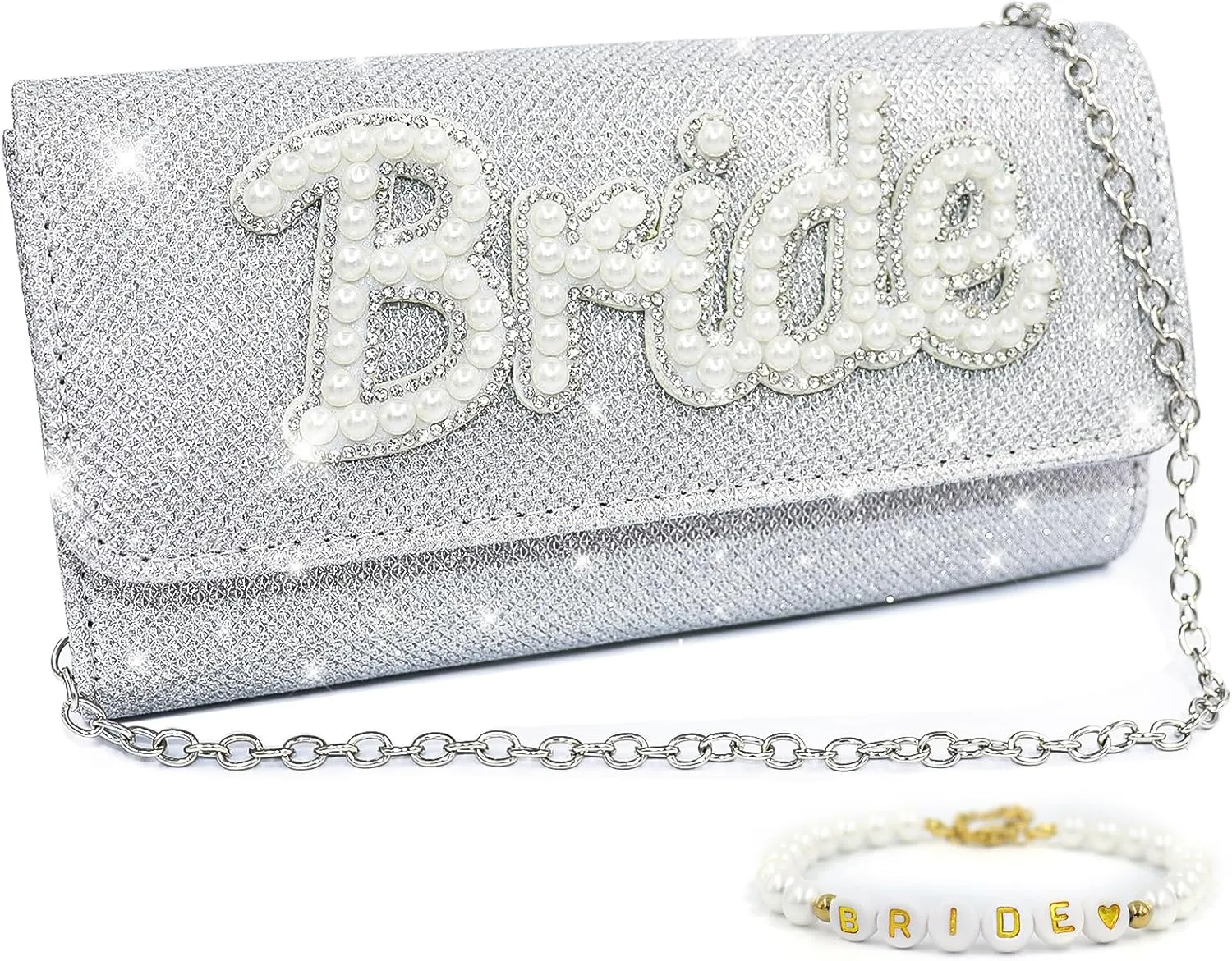 Lamyba Bride To Be Gifts Set Includes Bride Purse and Bride Bracelet, Bride Clutch Evening Bag for Engagement Bridal Shower Party Wedding day, Diamond Glitter Pearl Handbag