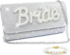Lamyba Bride To Be Gifts Set Includes Bride Purse and Bride Bracelet, Bride Clutch Evening Bag for Engagement Bridal Shower Party Wedding day, Diamond Glitter Pearl Handbag