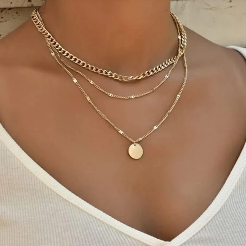 Layered Necklaces for Women, Gold Silver Plated Stackable Choker Necklaces Bar Disc Circle Pendant Adjustable Chain Necklace Jewelry