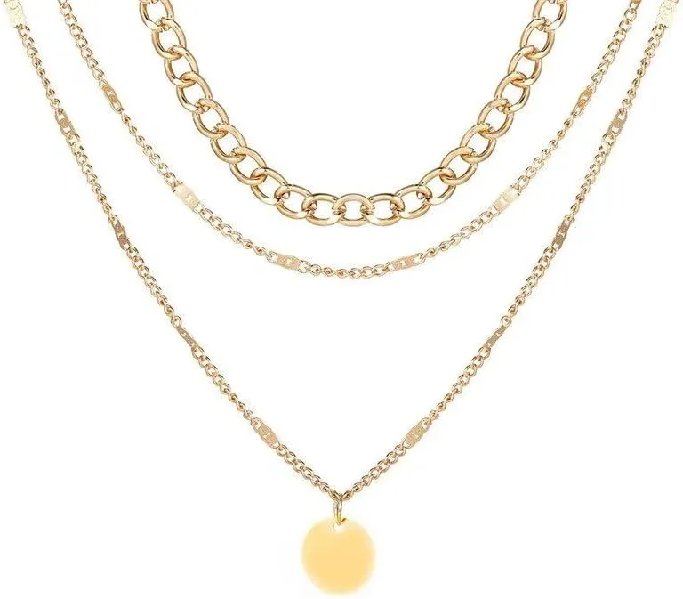 Layered Necklaces for Women, Gold Silver Plated Stackable Choker Necklaces Bar Disc Circle Pendant Adjustable Chain Necklace Jewelry